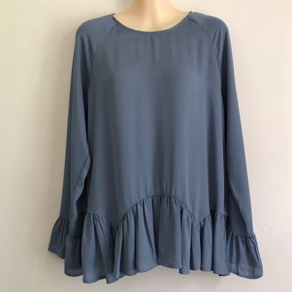 Ro & De Women's XS Long Sleeve Pullover Ruffled Hem Peasant Top Blue 502729RK *